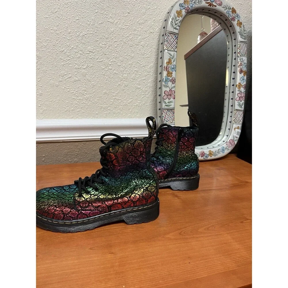 Dr. Martens Pascal J Boots Size 3 –Metallic Croc Black Suede Rainbow Combat Boot